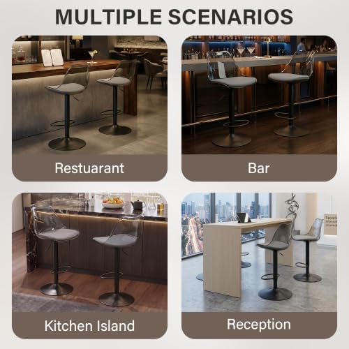 Clear Bar Stools Set of 2, Adjustable Swivel Counter Height Stools, Grey