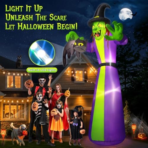 zukakii 12FT Giant Halloween Inflatables Witch Outdoor Decorations, Huge Halloween Blow Up Spooky Witch Grabbing Black Cat Yard Decoration Built-in LEDs & Strong Blower Large Tall for Lawn Party