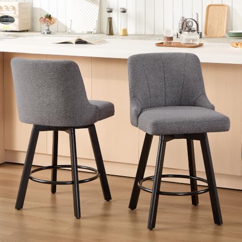 Swivel Bar Stools Set of 2,24" Upholstered Counter Height Bar Chairs with Back and Solid Wood Legs for Kitchen Island Fabric (Navy Blue)