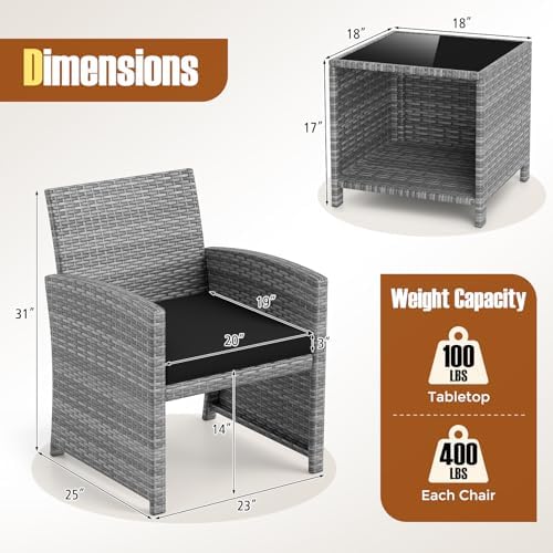 KOTEK 3 Piece Patio Furniture Set, Outdoor Wicker Patio Chairs with Cushions & Storage Table, PE Rattan Bistro Set for Porch, Backyard, Balcony (Black)