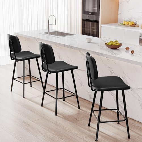 Raynesys 24-Inch Leather Bar Stools Set of 2 with High Backrest, Black