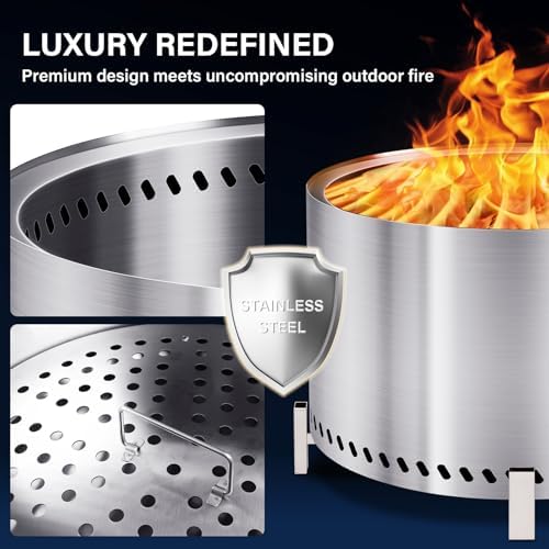 HGD 28" Smokeless Fire Pit with Stand & Grill Rack, Large Stainless Steel Wood Burning Firepit with Secondary Combustion, Backyard Patio Stove for Outdoor, Garden, BBQ & Bonfire (Silver)