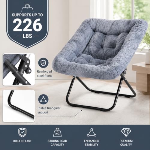 Simple Deluxe Oversized Square Moon Chair for Adults, Soft Faux Fur Folding Lounge Chair with Sturdy Steel Frame, Comfortable Reading Gaming Chair for Living Room, Bedroom, Grey