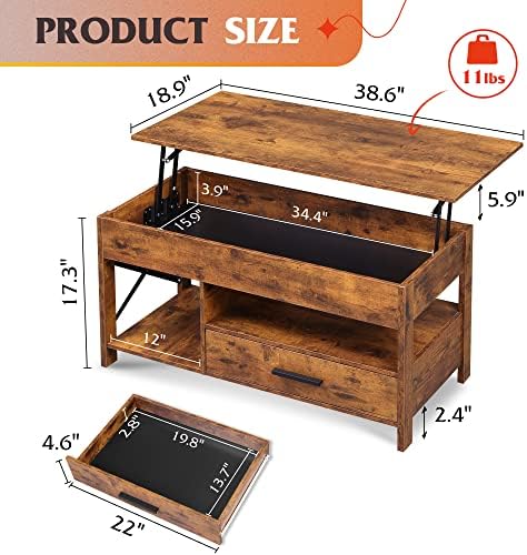 WLIVE Lift Top Coffee Table with Drawer, Brown