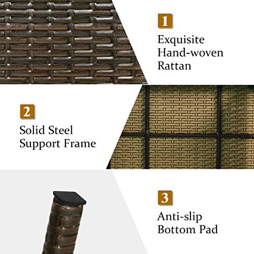 LDAILY Outdoor Side Table, Portable Wicker Coffee Table with Rattan and Steel Frame, All Weather Pre-Assembled Coffee Furniture, Standing Folding Patio for Courtyard, Poolside, Garden (Brown)