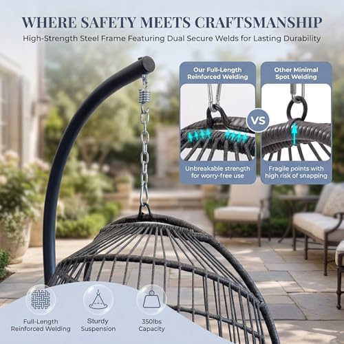 NICESOUL Swing Egg Chair Outdoor Indoor, Patio Wicker Hanging Egg Chairs with Stand, Swinging Hammock with Padded Cushions, 350lbs Sturdy Egg-Shaped Seating for Porch Bedroom Balcony Xmas Gift, Grey