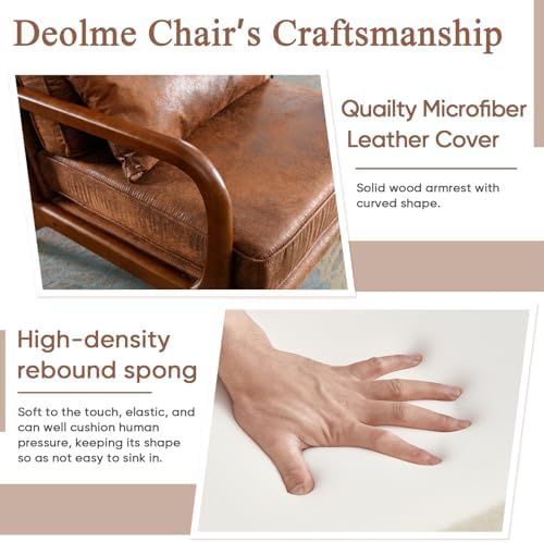 Mid Century Modern Accent Chair Set of 2 Living Room- Comfy Solid Wood Arm Chair with Lumber Pillow Lounge Decorative Brown Leather Office Side Chair Bedroom Reading Nook Sillas De Sala Microfiber