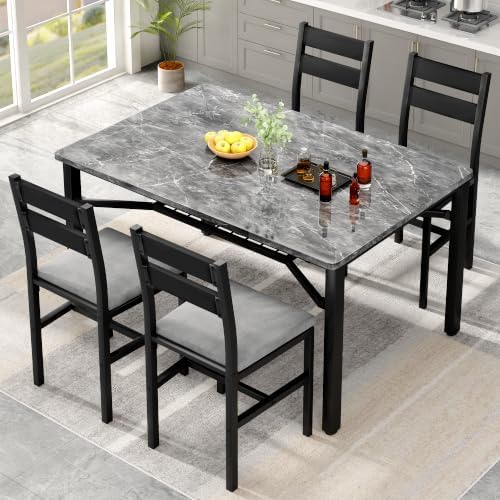 Hooseng 5 Piece Dining Table Set for 4, Modern Kitchen Table with Storage Rack and 4 Upholstered Chairs, Faux Marble Dining Room Table Set for Apartment, Small Spaces (Gray)