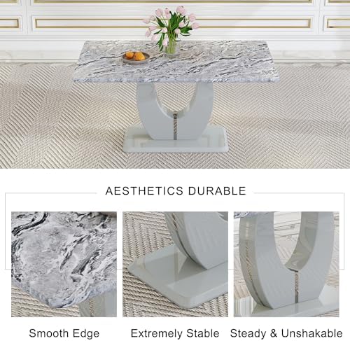 JUFU Dining Table Set for 4, 63" Faux Marble Dining Room Table Set with 4 Light Grey PU Leather Chairs, Modern Kitchen Table and Chairs Set, Rectangular Kitchen Table Set for Apartment, Dining Room (5-Piece)