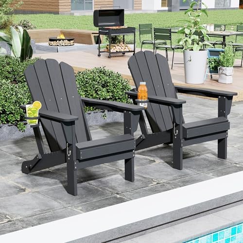 Domi Folding Adirondack Chair Set of 2, HDPE All-Weather Adirondack Chairs with Cup Holder, Outdoor Plastic Fire Pit Chairs Wood Texture for Poolside, Patio, Backyard, Deck (Grey)