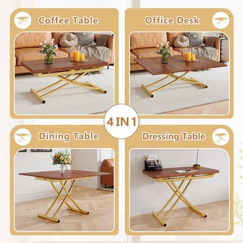 Adjustable Height Coffee Table, Folding Dining Table, Walnut&Gold