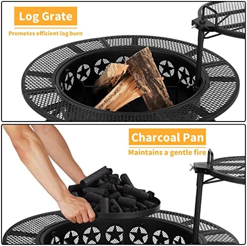 Hykolity 35 Inch Fire Pit with 2 Cooking Grate & Charcoal Pan, Outdoor Wood Burning BBQ Grill Firepit Bowl with Cover Lid, Steel Round Table for Backyard Bonfire Patio Picnic