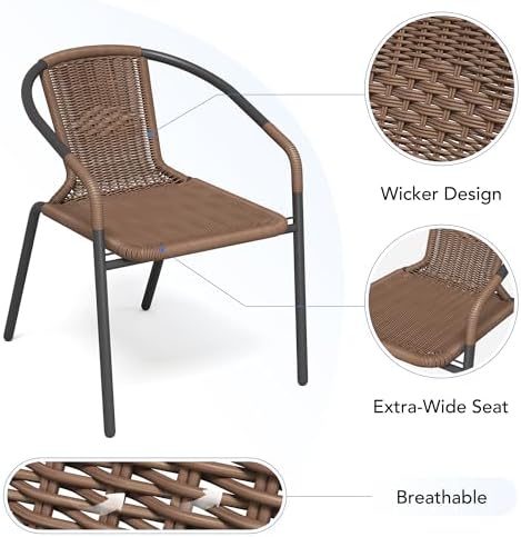 UDPATIO Rattan Patio Dining Chairs Set of 4, Wicker Stackable Outdoor Chairs with All Weather Curved Back & Metal Frame, for Indoor Restaurant Porch Deck, Brown