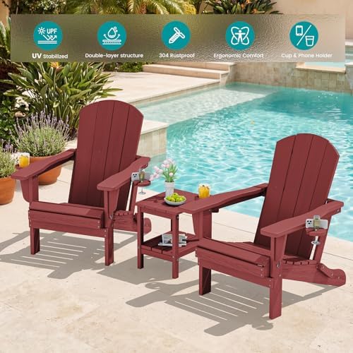 SERWALL Outdoor Adirondack Chair Set of 2 with 2 Cup Holders,Foldable,Red