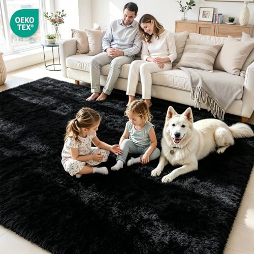 6x9 Fluffy Area Rug for Living Room: Soft Non-Slip Black Bedroom Carpet