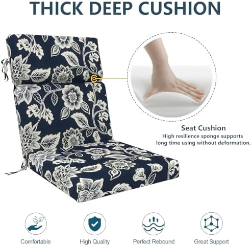 DYTXIII Outdoor High Back Chair Cushions Set of 2, 44"x22" Water Repellent Patio Seat Cushions with Elastic Sponge, All Weather Chair Pads for Rocking, Dining Chairs, Patio Furniture - Vines Navy
