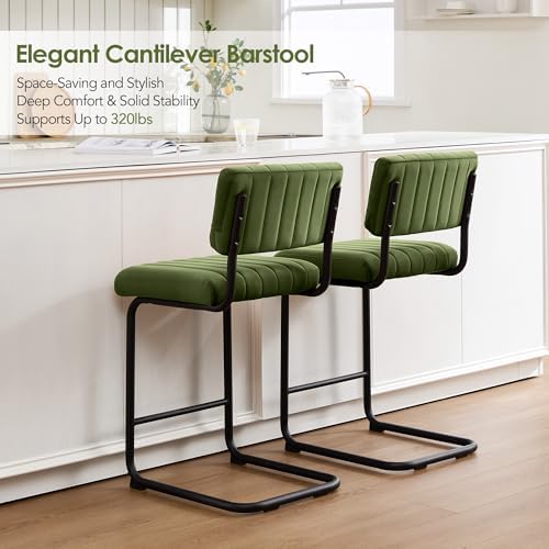 ONEVOG 24.6'' Counter Height Bar Stools Set of 2, Mid-Century Modern Counter Height Cantilever Chairs for Kitchen Island, Upholstered Velvet Fabric Barstools with Back and Metal Leg, Olive Green