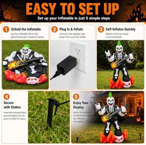 6.2FT Halloween Rock Music Skeleton Inflatable with LED Flame Guitar Decor