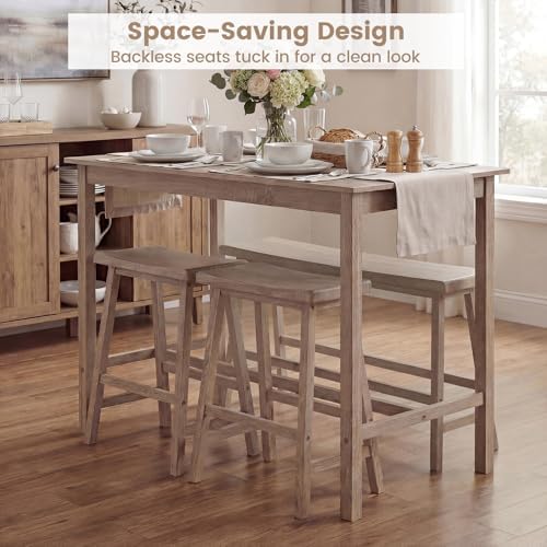GIANTEX 4-Piece Counter Height Dining Table Set with Power Outlet, Solid Rubber Wood Kitchen Table with Saddle Backless Bench & 2 Stools, Space-Saving Bar Table Set for Breakfast Nook (Light Gray)