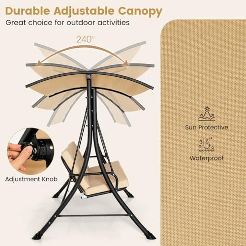 HAPPYGRILL 3-Seat Outdoor Porch Swing with Adjustable Canopy, Armrests, Metal Frame & Thickened Cushions, Patio Swing Chair for Garden, Poolside & Deck