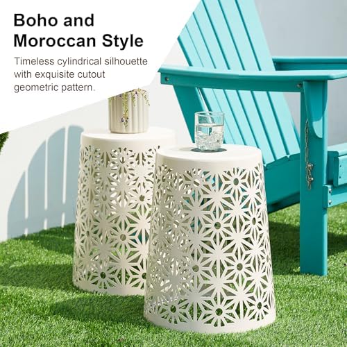 Glitzhome Ourdoor Side Table Set of 2,Solar Iron Cutout Geometric Pattern Decorative Garden Stool Planter Stand,Accent Table or Lantern for Patio Poolside Party Yard,White