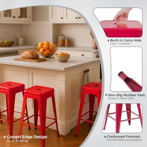 30 Inch Red Metal Bar Stools, Set of 6, Backless