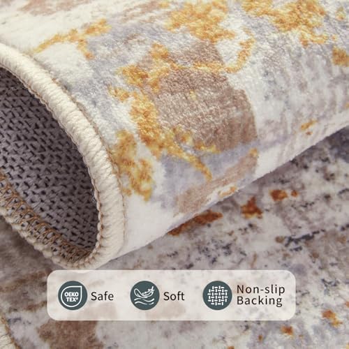 5x7 Neutral Abstract Area Rug, Beige Gold Carpet for Living Bedroom Dining