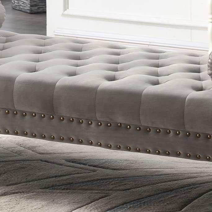 LMZ Mathias 71-inch Rolled Arm Velvet Button Tufted Upholstered Bench for Bedroom End of Bed Chaise Lounge Fabric Long Ottoman Couch Window and Living Room Footrest Stool (Grey)