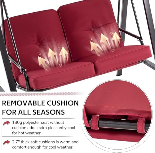 AECOJOY 2-Seat Outdoor Patio Swing Chair with Adjustable Canopy, Porch Swings Chairs for Adult, Outside Swing Bench with Removable Cushion, Suitable for Backyard, Garden, Yard, Poolside, Balcon (Red)