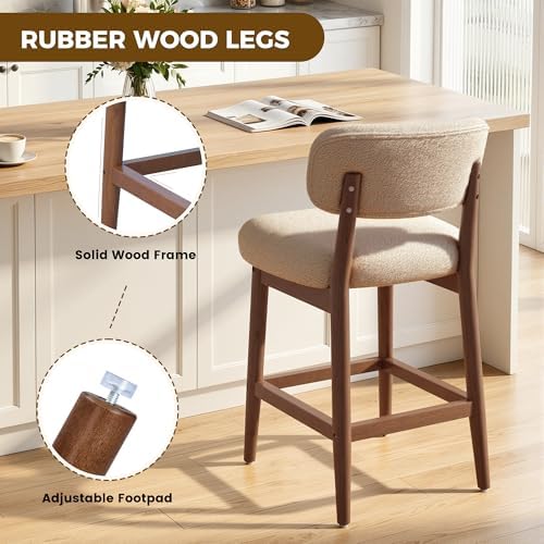 Solid Wood Counter Height Bar Stools Set of 2, Fluffy Boucle Bar Chairs with Frame, Mid-Century Modern Upholstered Stools with Backrest for Kitchen Island, Home Bar, Oatmeal