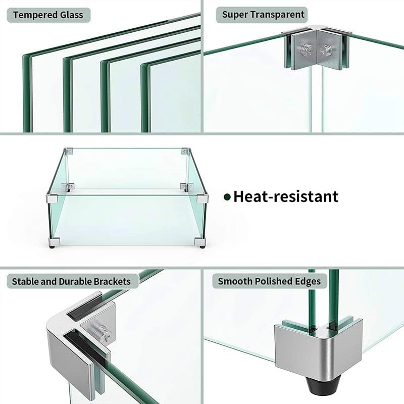 MESIDA 23.5"x23.5"x6" Fire Pit Glass Wind Guard, Tempered Glass Firepit Table Shield, Thick and Sturdy, with Hard Aluminum Corner Bracket