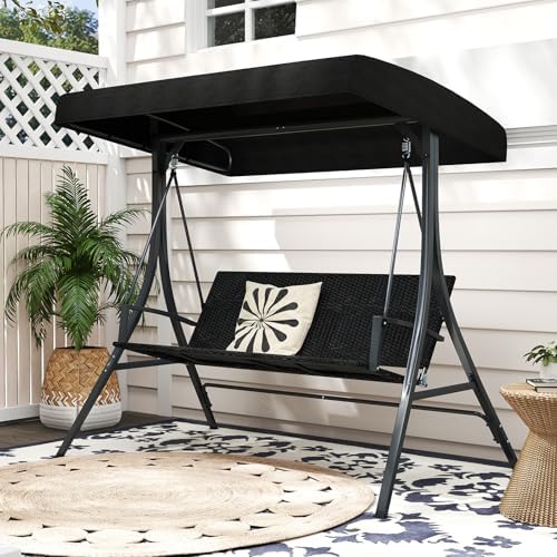 Tangkula 3-Person Wicker Porch Swing, 1000 lbs Max Load, Black