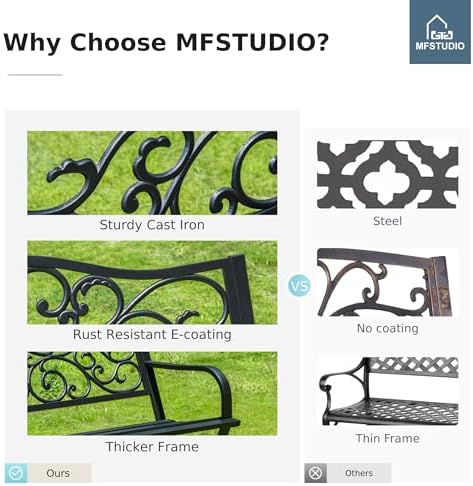 MFSTUDIO 50 Inches Outdoor Garden Bench Cast Iron Metal Frame, Floral Black