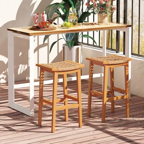 GIANTEX Outdoor Wooden Bar Stools Set of 2, 29" Backless Patio Barstools with PE Rattan Saddle Seat & Footrest, Solid Acacia Wood Bar Height Stools for Porch, Garden, Backyard, Poolside, Armless