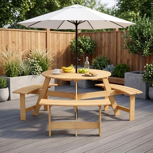 Round 6 Person Outdoor Picnic Table with 3 Built-in Benches