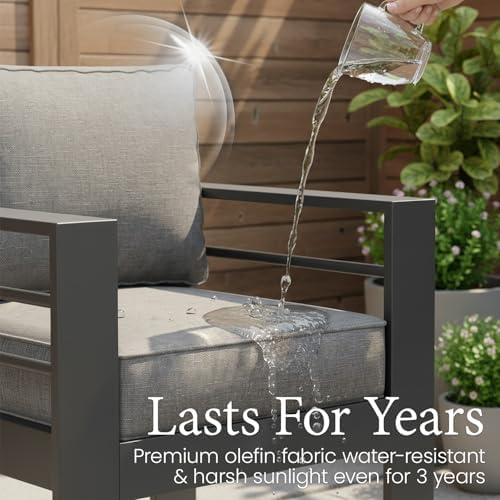LayinSun Aluminum Furniture Set with Fire Pit Table, 4 Pieces Patio Sectional Conversation Chat Sofa Modern Seating Set