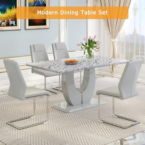 JUFU Dining Table Set for 4, 63" Faux Marble Dining Room Table Set with 4 Light Grey PU Leather Chairs, Modern Kitchen Table and Chairs Set, Rectangular Kitchen Table Set for Apartment, Dining Room (5-Piece)