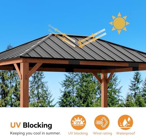 Modern Shade Permanent Wood Gazebo 12x16 with Galvanized Steel Roof