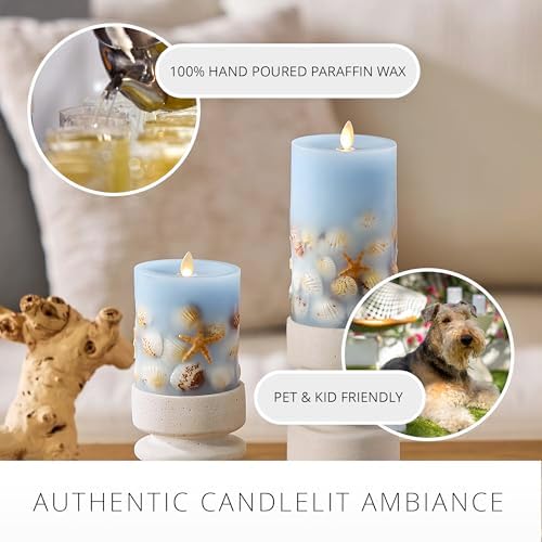 Luminara Flameless LED Candle Soft Chambray Embedded Seashell & Starfish Moving Flame Pillar Unscented Real Wax with Recessed Edge (4.5-inch)