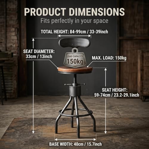LOKKHAN Set of 2 Rustic Industrial Bar Stool-24-30 Adjustable Metal Swivel Wooden Top Barstools-Counter Height Extra Tall Bar Height-Vintage Farmhouse Kitchen Breakfast Cafe Stool-with Backrest