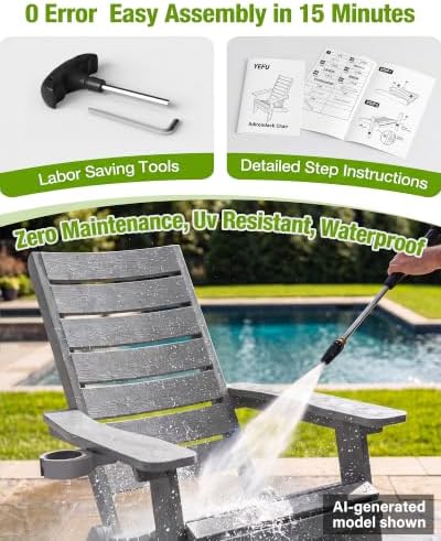 YEFU Adirondack Chair Set of 4 Outdoor, Arc Backrest & Cup Holder, Grey