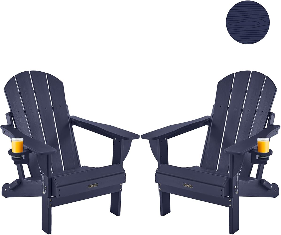 Ciokea Folding Adirondack Chairs Set of 2, Patio Adirondack Chair Weather Resistant, Plastic Fire Pit Chair with Cup Holder, Lawn Chair for Outdoor Porch Garden Backyard Deck, Blue