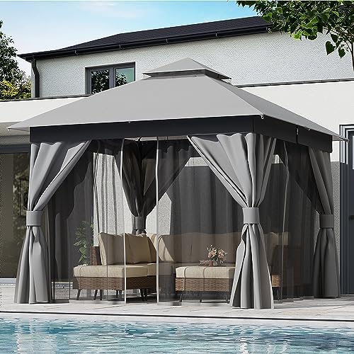 LAUSAINT HOME 10x10 Gazebo Canopy, Heavy Duty Metal Frame Patio Canopy with 180G Water-Resistant Canopy, Double Roof, Mosquito Netting & Privacy Curtains for Backyard, Garden, Lawn, Gray