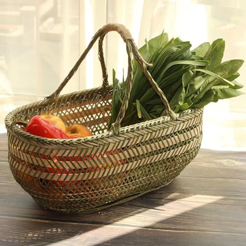 Ciieeo Bamboo Weaving Shopping Basket Handheld Vegetable Fruit Storage Basket with Ergonomic Handle for Kitchen Garden Harvest and Egg Holder 16.5X9.8X7.1 Inches