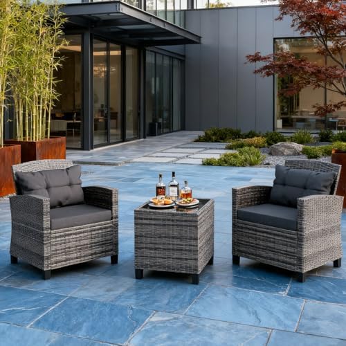 JAMFLY 3 Piece Wicker Patio Furniture Set - Outdoor Rattan Conversation Set with Soft Cushions & Glass Coffee Table for Balcony, Porch, Small Backyard - All Weather Grey Bistro Set, Grey