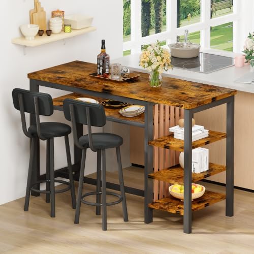 DKLGG 3-Piece Bar Table and Chairs Set, Counter Height Dining Table Set with Storage & 2 Upholstered Stools, Hightop Kitchen Bar Table for Small Space, Pub & Bistro