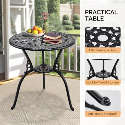 VINGLI 3 PCS Outdoor Bistro Set, Outdoor Patio Set, All-Weather Cast Aluminum Bistro Table Set, Bistro Table and Chairs Set of 2 for Backyard, Garden, Balcony (Black, Butterfly)