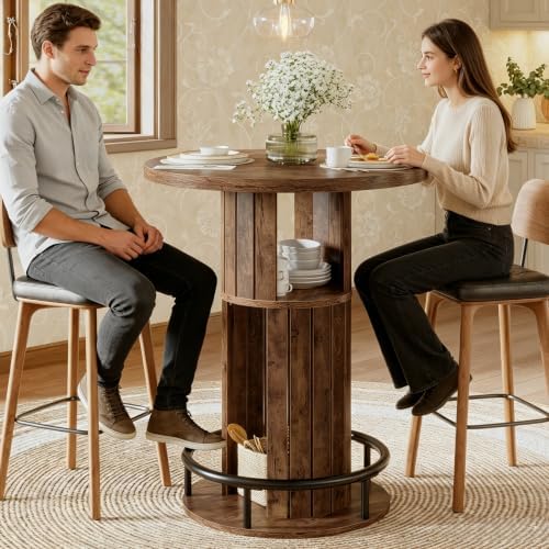 HSH Round Bar Table, 37.4"H Bar Height Bistro Pub Table With 2-Tier Storage