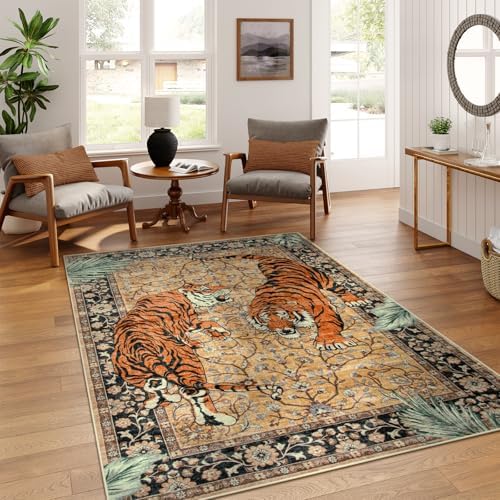 Moynesa Tiger 5x7 Area Rugs, Boho Washable Rugs for Living Room, Vintage Soft Dining Room Rug, Non Slip Ultra Thin Stain Resistant Large Floor Carpet for Office Bedroom, Camel