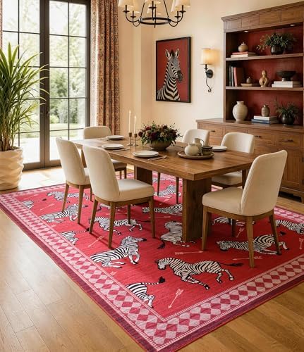 YIHOUSE Red Zebra Area Rugs 6×9, Washable Animal Print Rug with Checkered Border, Non-Slip Low Pile Mid-Century Modern Carpet for Living Room, Bedroom, Dining Room, Home Decor